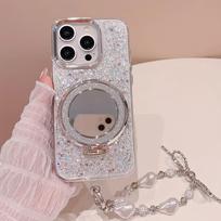 New Glitter Phone Case with Mirror Holder for iPhone 16 15 14 13 12 11 Pro Max Drop Resistant Phone Case with Hanging Chain For iPhone 16 Pro Max gray
