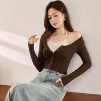Two Fake Halter Neck T-shirt for Women Long Sleeves, High Waist Short Navel Button Shirt S