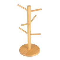 Bamboo Cup Holder Tree 6 Hooks Coffee Mug Rack Non-Slip Coffee Round beige