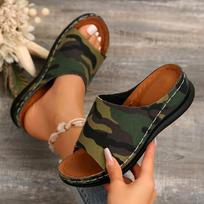 Women's Camo Green Wedge Platform Sandals,Non-Slip Rubber Sole, Casual Slip-On Style, Beach Footwear|Camouflage Sandals|Reinforced, Ladies Sandals 36 armijos žalia spalva