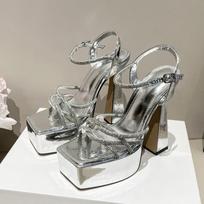 Liyke Designer Crystal Rhinestone Narrow Band Women Chunky Platform Sandal Sexy Square Toe Super High Heels Wedding Banquet Shoe 35 sidabras