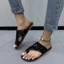 Moterų šlepetės lauke kasdieniai paplūdimio moteriški batai vasariniai nauji plokščiapadžiai flip-flop sandalai vaikščiojimui clip-toe romėniškos sagties moteriški 36 juoda