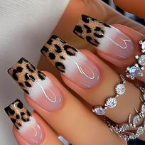 24 Pieces French Tip Artificial Stick On Nail with Golden Glitters Leopard Designs Press on Nail False Nail for Women brown