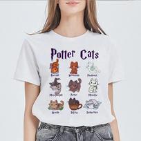 Summer FeUnisex Tee shirt Basic Potter Cats O-neck Short Sleeved  Print Harajuku Tops Women T-shirt Casual Kawaii Ladies T-shirt L