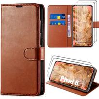 Coque pour Google Pixel 8 avec 2 Verres Trempés, Protection Effet Cuir Marron Fermeture Magnétique