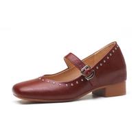Hong Kong sheepskin single shoes women's middle heel 2024 spring and autumn new square head thick heel retro color matching soft sole leather women's 34