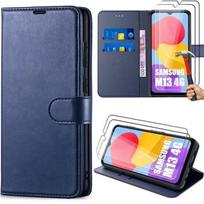 Case for Samsung Galaxy M13 + 2 Tempered Glasses - PU Leather Flip Case Anti-Scratch - Navy Blue