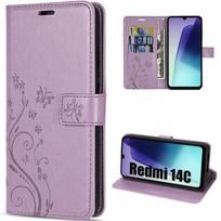 Coque pour Xiaomi Redmi 14C, Protection Rabat Cuir Synthétique Antichoc Violet Motif Papillon