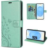 Case for Samsung Galaxy S25 - BOOLING - Shockproof Synthetic Leather Green Pattern Butterfly Flowers žalia