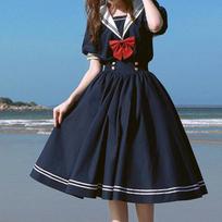 Nauja jūreivio apykaklės tamsiai mėlyna suknelė japoniška Lolita, miela lanko formos mergaitei Retro Kawaii Preppy stiliaus suknelė trumpomis rankovėmis moterims XL juoda