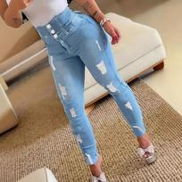 Ladies' Solid Color Casual Versatile High Waist Slim Fit Ripped Denim Small Leg Jeans L šviesiai mėlyna spalva