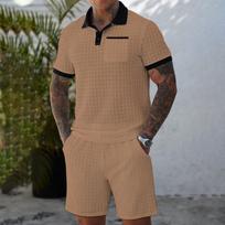 Men's Summer Solid Color Hollow Texture Button Collar Shirt Top Shorts Set L chaki