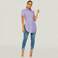 Blusas 2023 Summer Split Short Sleeve Shirt Women Turn Down Collar Blouse Casual Loose Tops Solid Color Clothes  Cute 25634 XXL balta