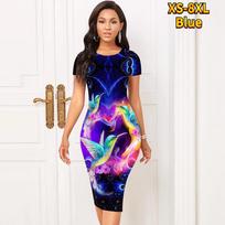 Slim Short Sleeve Knee-length Dress Fashion Women Midi 3D Colorful Birds Print Dress 8XL geltona