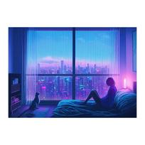 Cyber Neon Cool Girls Cat Poster Canvas Painting Wall Art 21cm×30cm NoFrame