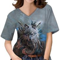 Women T Shirt Graphic Wolf Graphic 3D Printing Big Yards Tops Short Sleeve Summer New Digital Ladies Hipster Tee Fashion Leisure 5XL gray