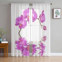 Gražios rožinės orchidėjų gėlės tiulio užuolaidos svetainės dekoravimui Šiuolaikinės šydinės šifoninės užuolaidos miegamojo permatomos galios 135W x 114H(cm) white
