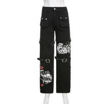 Autumn Women's Fashion Distinctive Street Pocket Slit Straight Pants Printed Casual Denim Dape Pants XL juoda