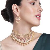 Estele Wedding Choker karolių komplektas su paauksuotu cirkoniu, raudonais kristalais ir perlais moterims beige