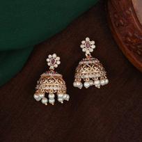 Elegantiški moteriški Jhumka Estele auskarai su rožinio aukso danga, CZ, perlais ir rožiniais kristalais brown