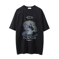 Thermal Imaging Character Print Short Sleeved Washed and Worn-out T-shirt for Men's Hip-hop Street Trend Loose Fitting Quarter Sleeved T-shirt Top M