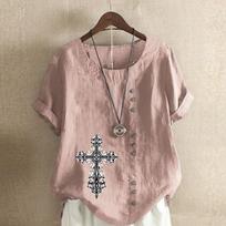 Women's Fashion Crosshairs Prined Round Neck Short Sleeve T-shirt Casual Cotton Linen Graphic Shirt Leisure Loose Summer Blouse Tops Plus Size S rožinė