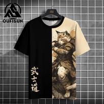 Japanese Anime Samurai Cat T-Shirt For Men 3d Animal Print Short Sleeve Tops Tees Casual T-Shirt Oversized Shirt  Men Clothing 6XL white