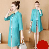 Pure Color Long Thin Coat Sunscreen Clothing Women's Mid-length Beach Chiffon Cardigan Fabric Is Light and Breathable S red