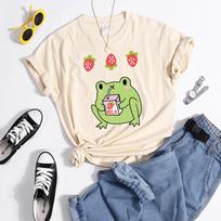 Green Frog Who Loves Drinking Strawberry-Flavored Milk Tshirts Women Soft Cool T-Shirt Sport Summer Tee Street Hip Hop Tops S smėlis