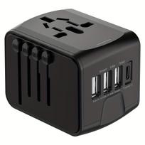 1 vnt universalus kelioninis adapteris, pasaulinis tarptautinis maitinimo adapteris, didelės spartos 2,4 A 4 * USB, C tipo 3,0 A prievadas su pasauliniu kintamosios srovės maitinimu juoda