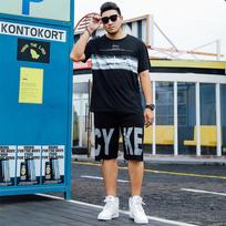 Vasaros laisvalaikio sportinis kostiumas, vyriškas laisvas, riebus, trumpomis rankovėmis šortai, dviejų dalių vyriški M black