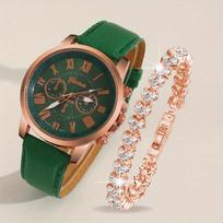 2 vnt./rinkinys moteriškų elegantiškų laikrodžių, madingų, laisvalaikio analoginių PU odos dirželių, riešo laikrodžių ir cirkonio apyrankių, geriausia dovana jai black