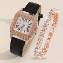 2pcs/set Women's Luxury Rhinestone Watch Fashion Casual Analog PU Leather Band Wrist Watch & Bracelet, Best Gift for Her
