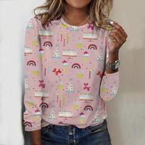 Tops For Women Cute Gingerbread Man Print Round Neck Long Sleeve T-shirt Fall Casual Slim Pullover Women's Long Sleeve Top XS rožinė