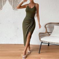 GMXIA Spring Summer Women's Fanny Pack Hip Split Sexy Halter Style Dress S armijos žalia spalva