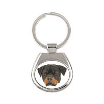 Rotveileris, Rott, Rottie - geometrinis raktų pakabukas su nuotrauka ir užrašu Art-Dog balta