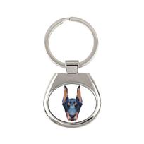 Dobermanas, Dobermano pinčeris, Dobie I - geometrinis raktų pakabukas su nuotrauka ir užrašu Art-Dog balta