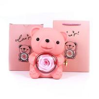 Preserved Rose Hug Bear Gift Box with Handbag Eternal Flower Rotating Bear Jewelry rožinė