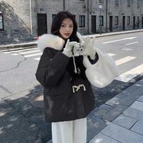 Women's Autumn and Winter Coat Solid Color Horn Button Hooded Fur Collar Loose Thickened Windproof Women's Jacket S juoda
