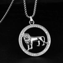 Zircon inlaid animal pendant necklace, hip-hop retro trendy lion pendant accessory 55CM sidabras