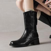 Krazing Pot Cow Skin Vintage Autumn Winter Shoes Big Size Western Boots Med Heels Round Toe Keep Warm Size 43 Mid-calf Boots 34 juoda