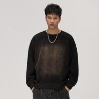 American Retro Heavy Fry Wash Old Washed Sweater Men'S Autumn Loose Print Crew Neck Long Sleeves S