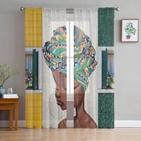 African Black Girl Ethnic Style Tile Wall Sheer Curtains for Living Room Tulle for Windows Voile Yarn Short Bedroom Curtains W135 x H114cm