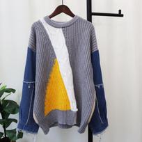 Women Sweaters  Autumn and Winter O-Neck Patchwork Pullover T-Shirt Oversize  Denim Knitting Basic Blue Fashion Loose Sweater one size pilka