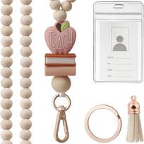 Badge Card Holder and Beaded Lanyard Set for Women Clear Card Holder with Beads Neck Strap Tassels Charm Keyring Loop 5 white