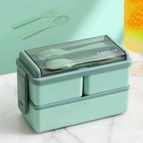 2 Layer Portable Leakproof Snack Lunch Bento Box Kid Student Microwave Dinnerware Fork Spoon Set Food Storage Container Office 4&1400ml&2 gray
