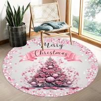1Pcs Merry Christmas Pink Tree Pattern Round Area Rug Indoor Non-Slip Washable Fiber Carpet Soft Comfortable Mat For Bedroom Living Room 60X60cm