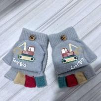 Children's Gloves Excavator Boys Autumn and Winter Cartoon Cute Half-finger Flip Knitted Wool Cold-proof Warm Gloves One size