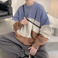 Hong Kong style color block sweater men's autumn and winter new trendy versatile sweater round neck loose couple sweater M