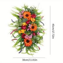 45cm Fake Sunflower Artificial Fall Swag Harvest Wreath Autumn Sunflower Wreath Door Hanging Fall Teardrop for Thanksgiving Fall Festival Decor 17.7IN